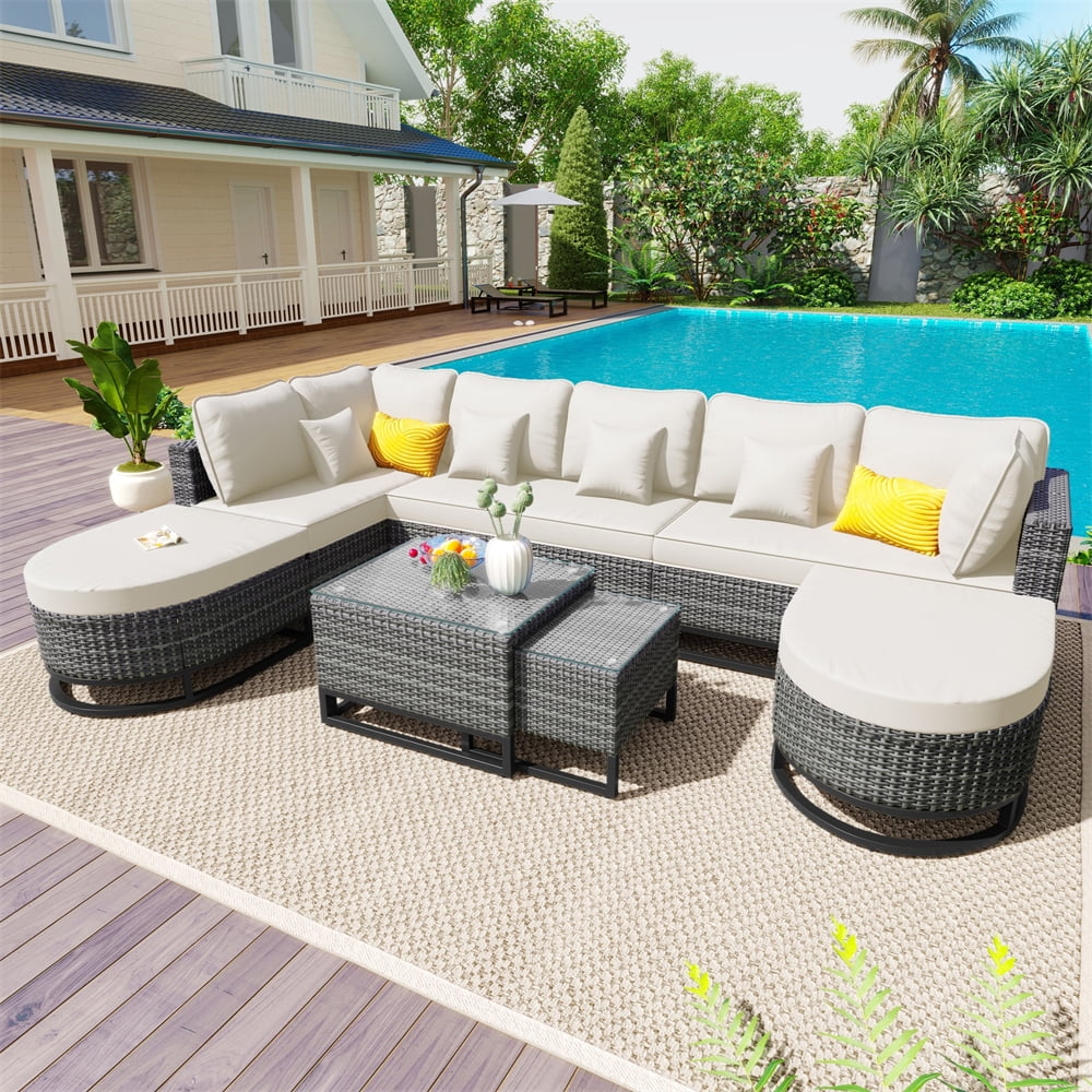 8 Pieces Outdoor Wicker Round Furniture Set, All Weather Half-Moon Sectional Patio Sofa Sets with Rectangular Coffee Table, Beige