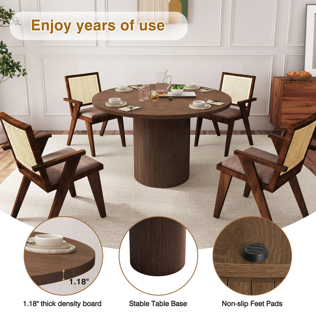 Wirrytor Round Dining Table, Modern Farmhouse Kitchen Table, 47 Inch Coffee Circle Dining Tables with Wood Strip Base for Kitchen Living Room, Black