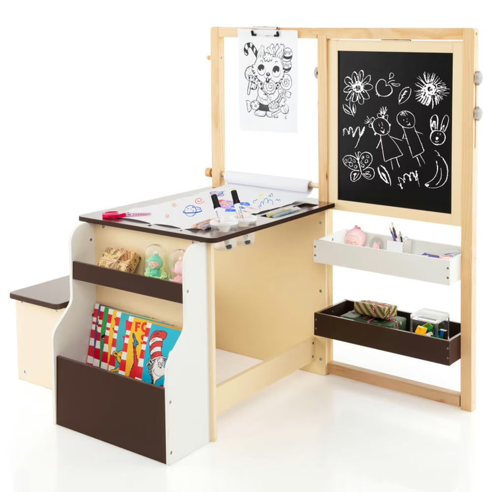 Spaco Kids Art Center Wooden Table Bench Set-Brown, Toddler Table and Chair Set for Arts & Crafts, Snack Time, Homeschooling, Homework