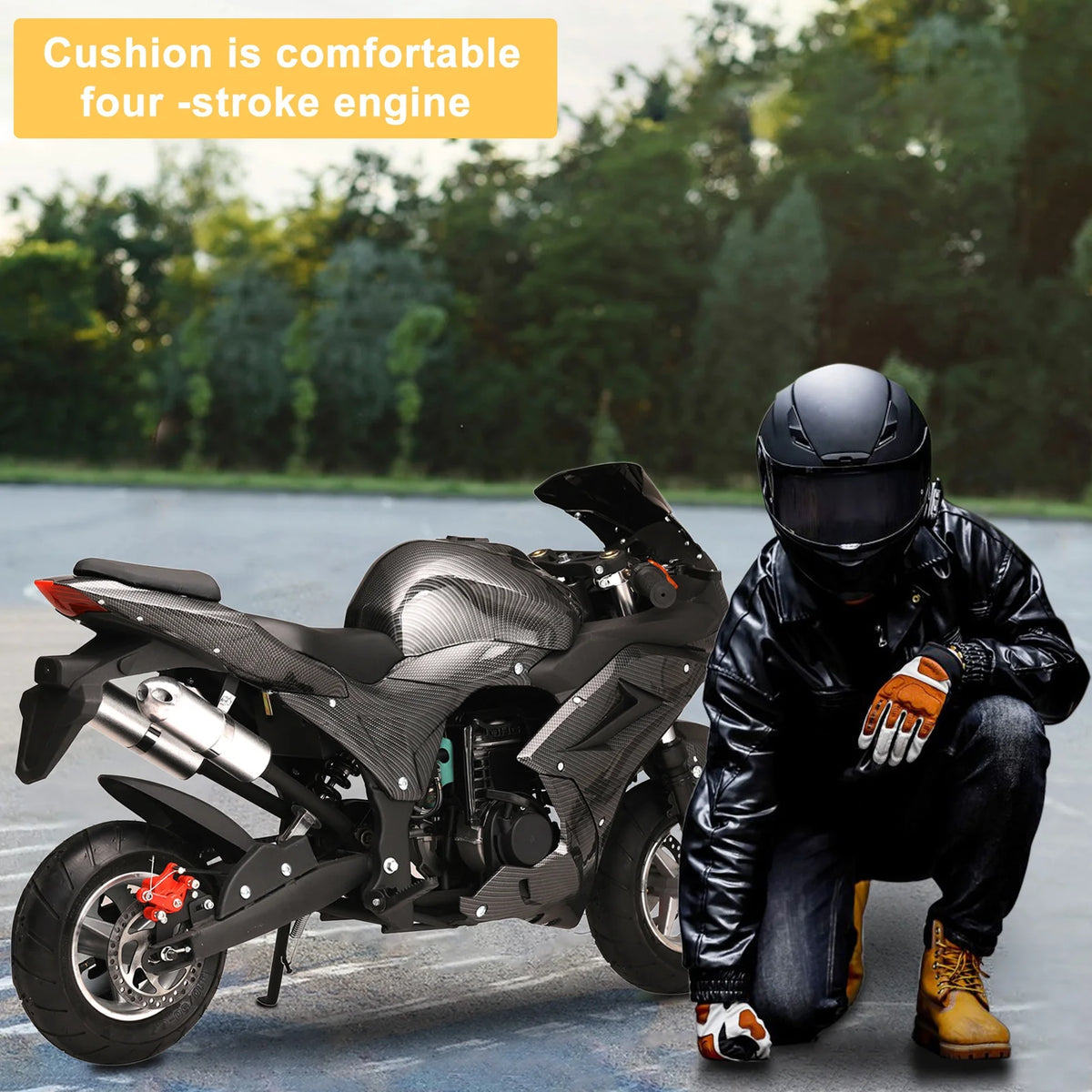 49cc 4-Stroke Pocket Rocket Motorcycle, Mini Motorcycle, Gas Pocket Motorbike with Front Rear Disc Brakes, Racing Max Speed 25MPH, Dual Headlights-Black