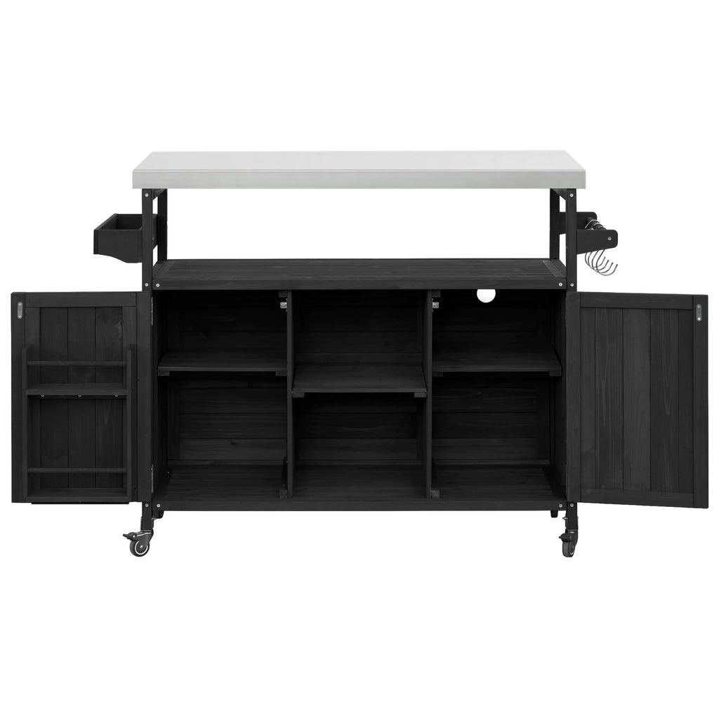 Outdoor Kitchen Island, Rolling Bar Cart & Storage Cabinet, Farmhouse Solid Wood Outdoor Grill Table with Stainless Steel Top, Spice Rack , Towel Rack for Kitchen & BBQ , Natural