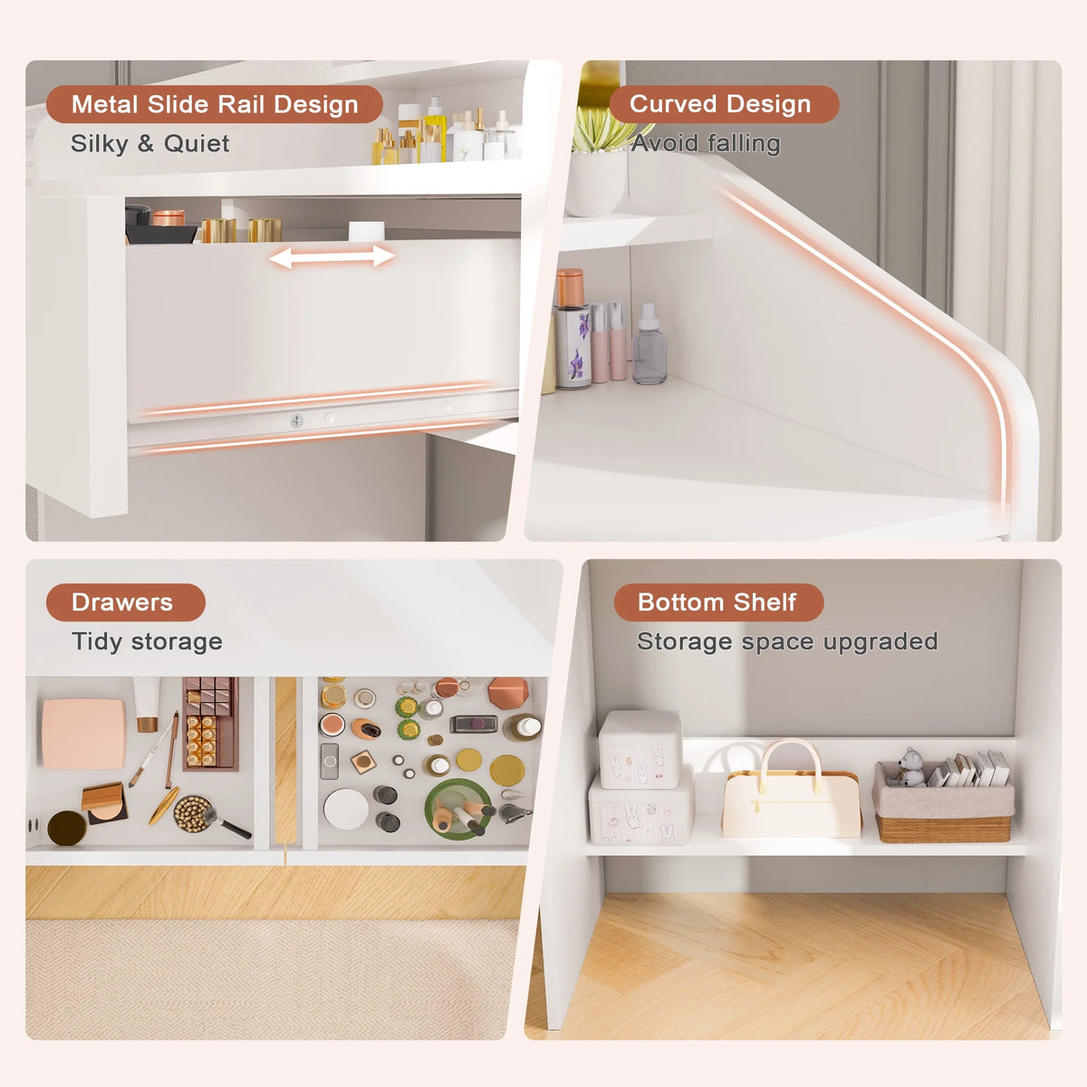 LIVELYGLOW Vanity Desk Set with Square Mirror and Light- Small Vanity Table with Drawers- White