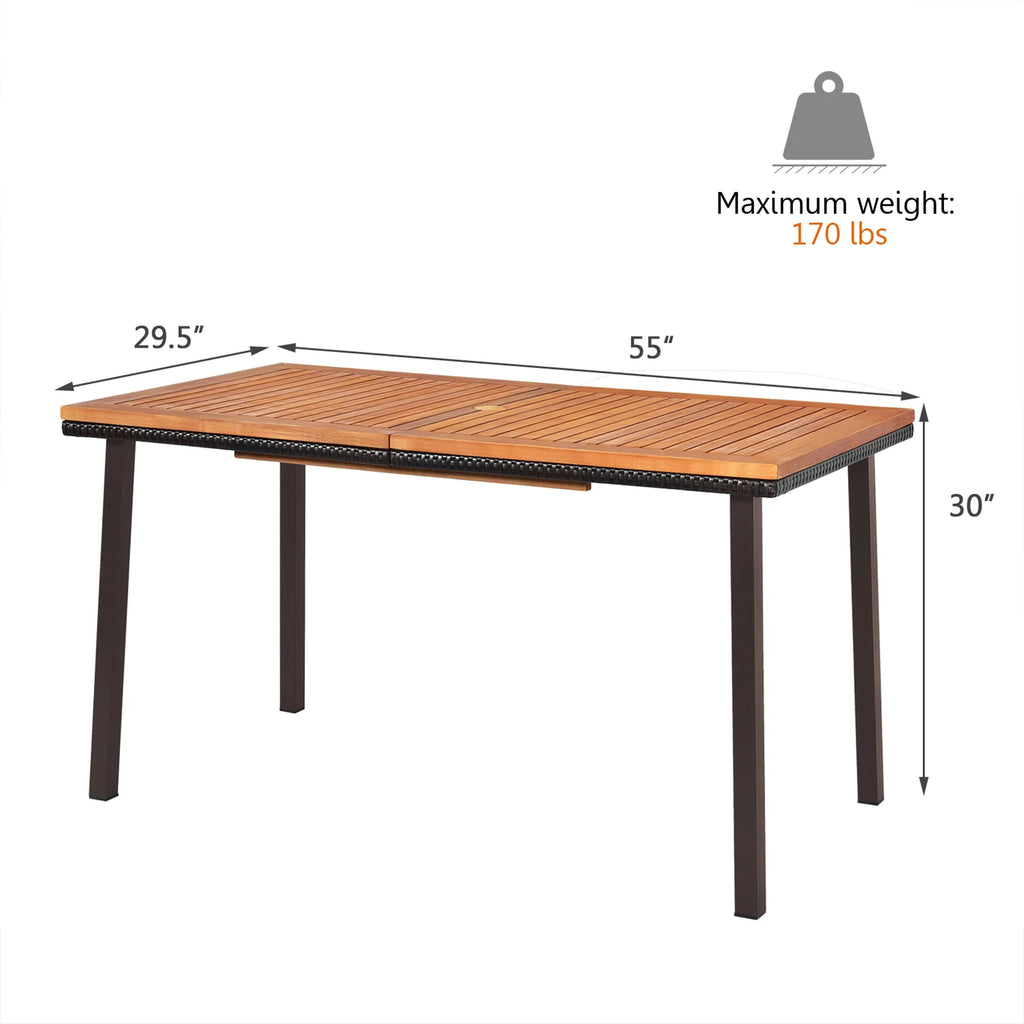 Gymax Rectangle Patio Outdoor Dining Table Acacia Wood Tabletop w/ 2'' Umbrella Hole