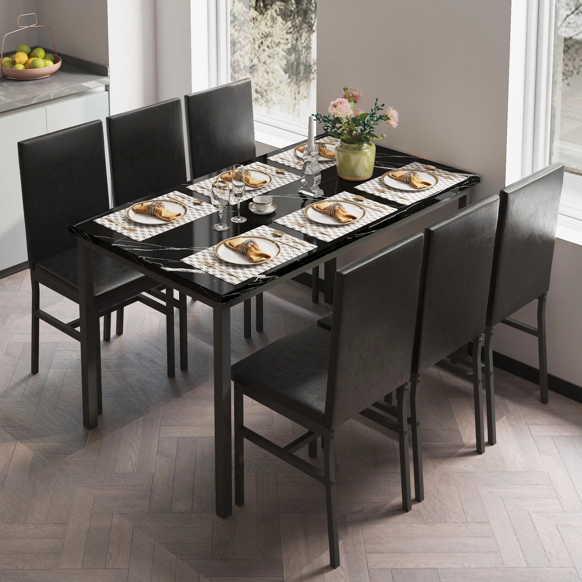 Dining Table with 6 High-back Upholstered Chairs, Modern Dinette Set, Dining Table and Chairs Set for 6 Persons, Small Home Kitchen Dining Table Set, Ideal for Apartment Breakfast Nook Bar, B1470