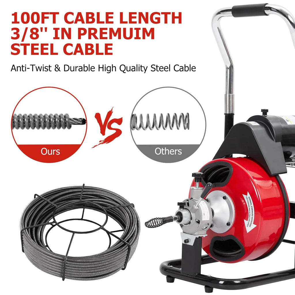 Electric Drain Cleaning Machine , Powerful Electric Auger, Sewer Snake with 4 Cutters, Air-Activated Foot Switch, and Wheels