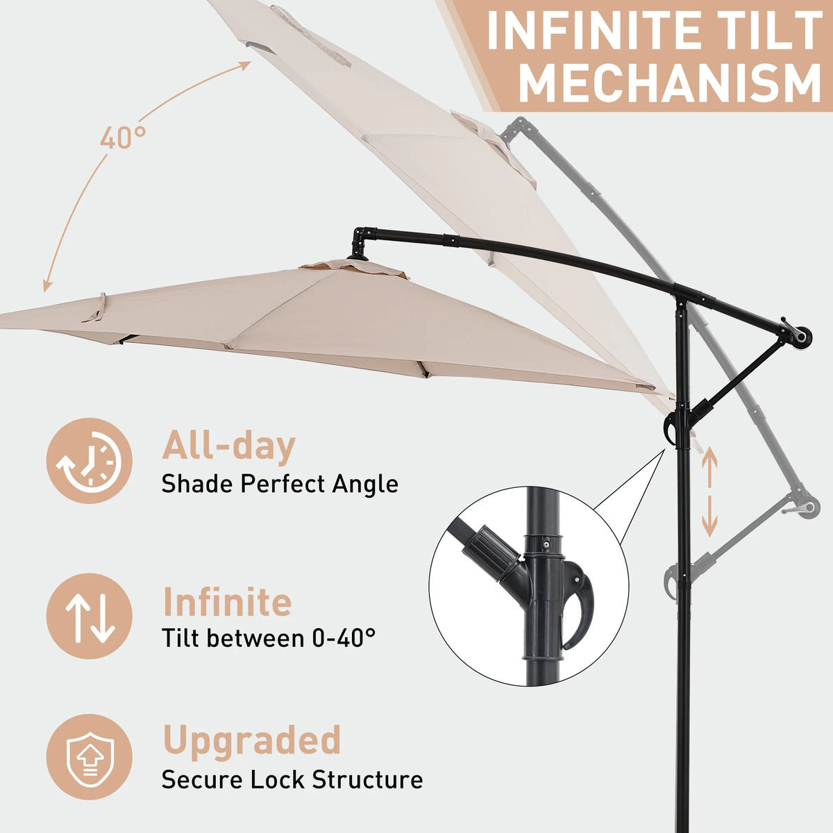 Ainfox 10ft Cantilever Patio Umbrella with Lights, Offset Market Umbrella with Sandbags Weighted Base and Cross Base,Khaki