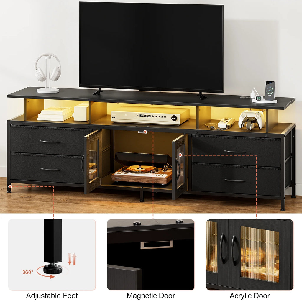 GUNAITO TV Stand for TV up to 70", Big TV Stand for Living Room Entertainment Center with LED Lights and 4 Fabric Drawers , Black