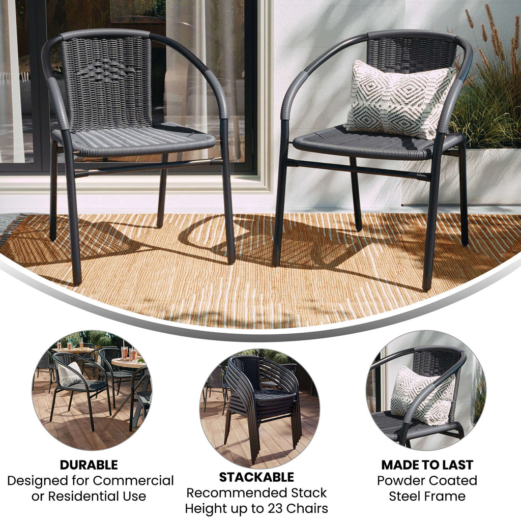 Emma + Oliver Indoor/Outdoor Stacking Rattan Restaurant Patio Chairs, Set of 2, Gray