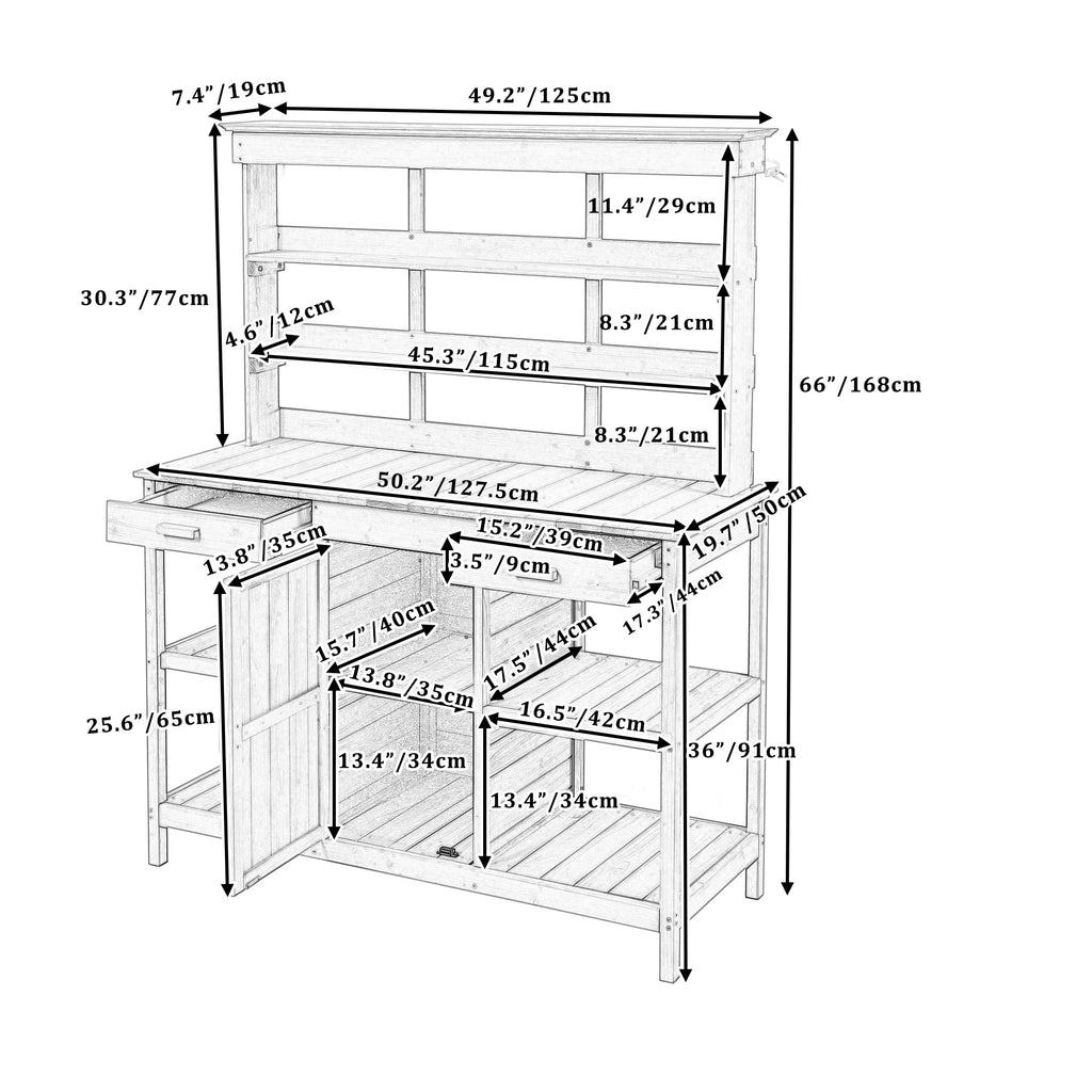 YIYADO 66" Large Outdoor Wooden Planter Workbench, Farmhouse Style Garden Workstation with 2 Drawers, Cabinets, and Open Shelves, Suitable for Backyards and Mudrooms, Gray