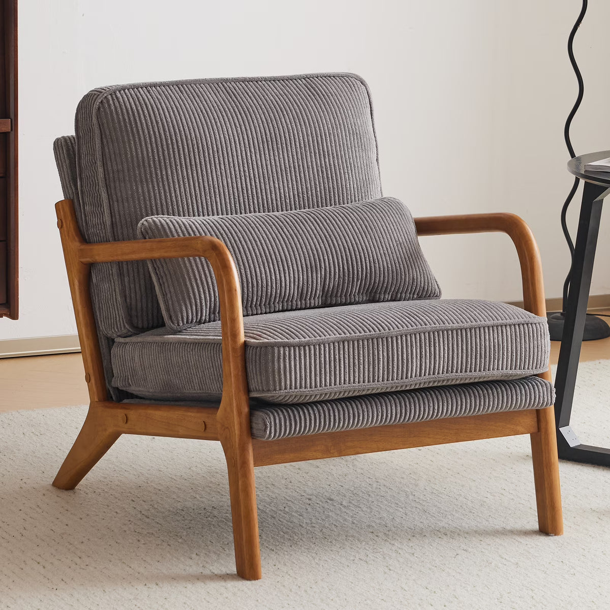 Ktaxon Accent Chair Corduroy Upholstered Armchair, Reading Club Chair with Pillow and Solid Wood Frame for Living Room Bedroom Furniture Off White