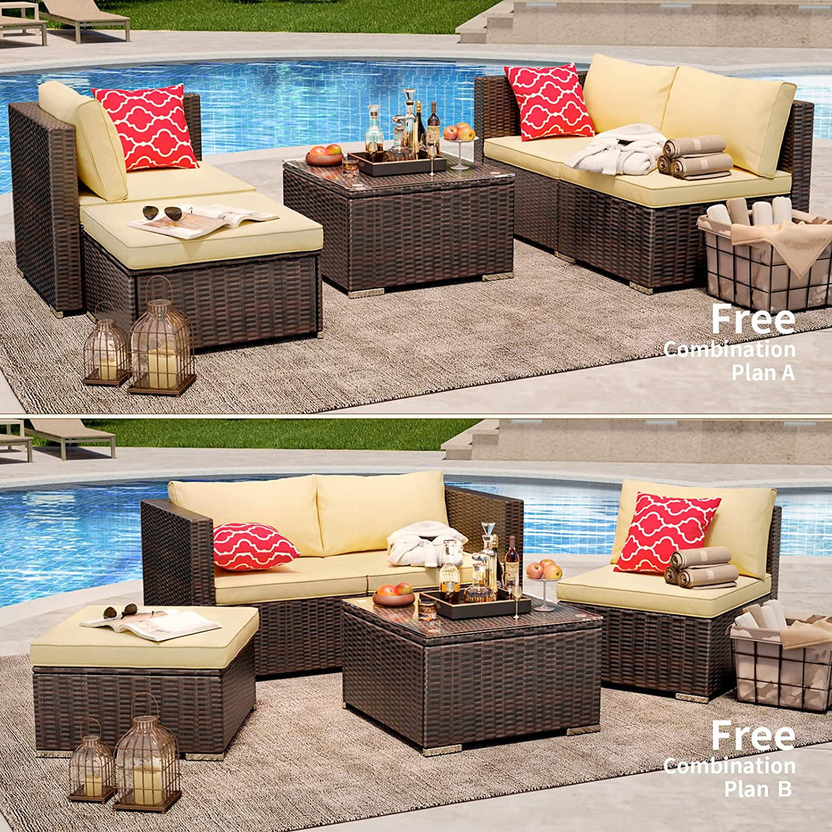 Aiho 7-Piece Rattan Patio Furniture Set , Outdoor Sectional Furniture Set for Patio, Garden, Backyard, Grey