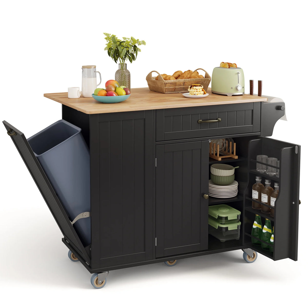 Noelse Rolling Kitchen Island with Drop Leaf Table and Hidden Trash Cabinet, Mobile Kitchen Cart with Storage Drawer, Adjustable Shelves & Rubberwood Countertop on Wheels, White