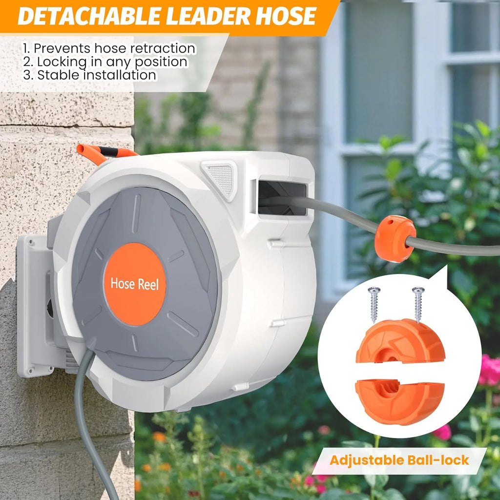 Auto-Retract Wall-Mounted Garden Hose Reel w/9-Pattern Nozzle, 180 Swivel & Any-Length Lock, 600PSI Durable