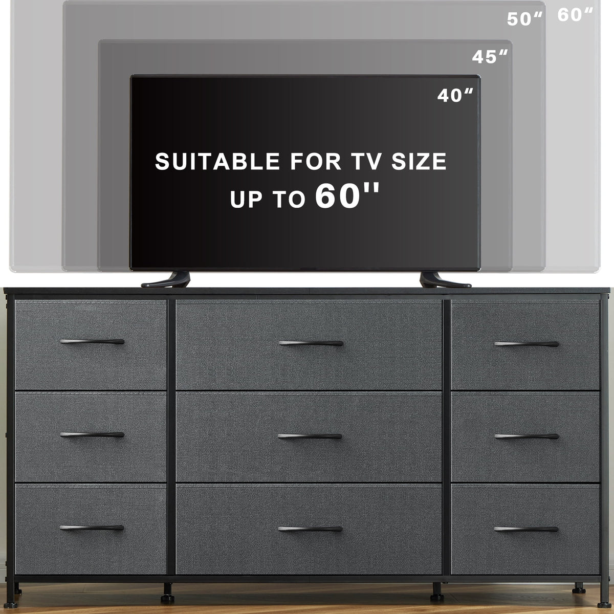 Wide Dresser TV Stand with 9 Drawers Dresser for Bedroom Chests of Drawers for Living Room, Black