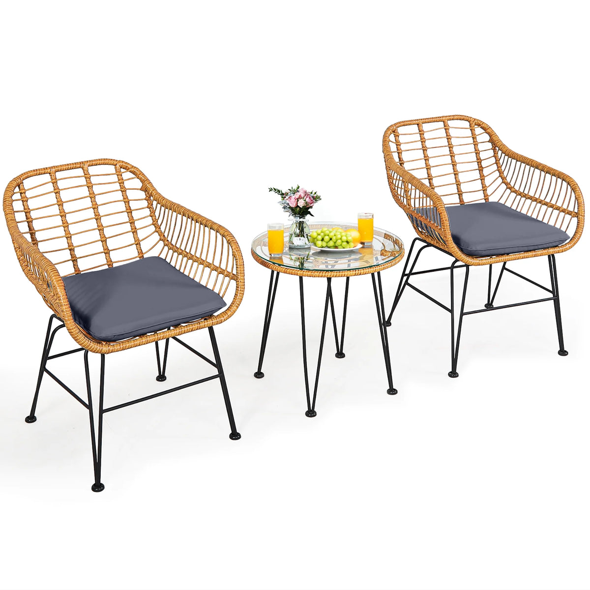Costway 3PCS Patio Rattan Bistro Furniture Set Cushioned Chair Table Navy