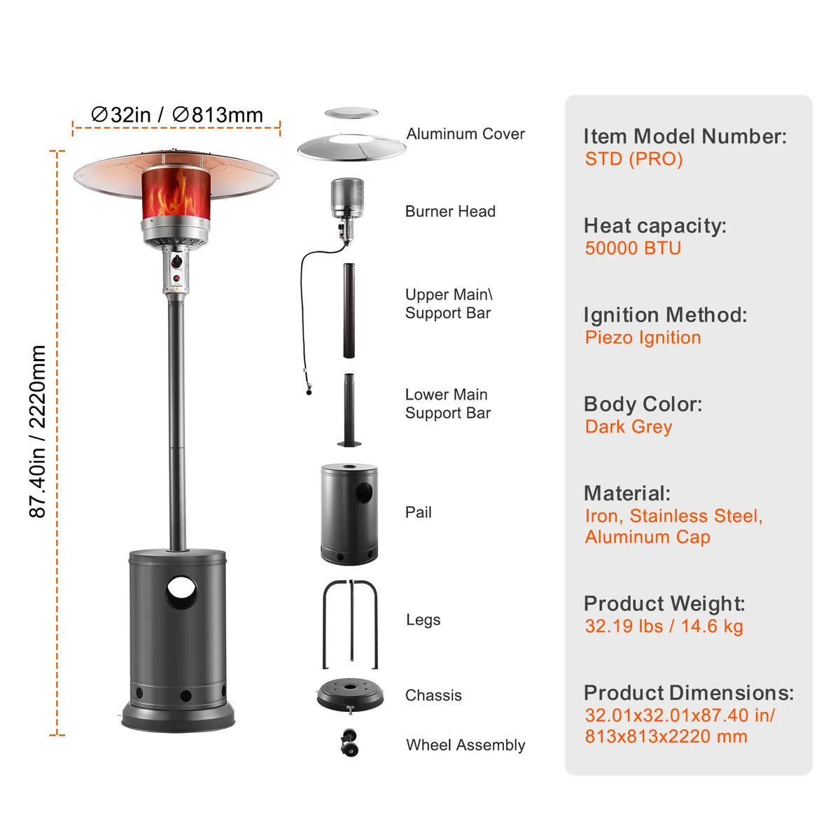 KFFKFF Outdoor Patio Heater, 50000BTU Propane Powered, Elegant Hammered Finish with Circular Table Feature, Durable Metal Burner & Portable Wheels, Ideal for Garden, Patio, Party, Backyard