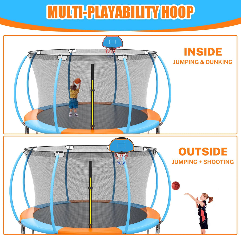 Trampoline Outdoor, 14FT Kids Trampoline with Enclosure Net and Ladder, Upgrade All-Weather Round Trampoline Curved Design with 5 Heavy-Duty Steel Legs