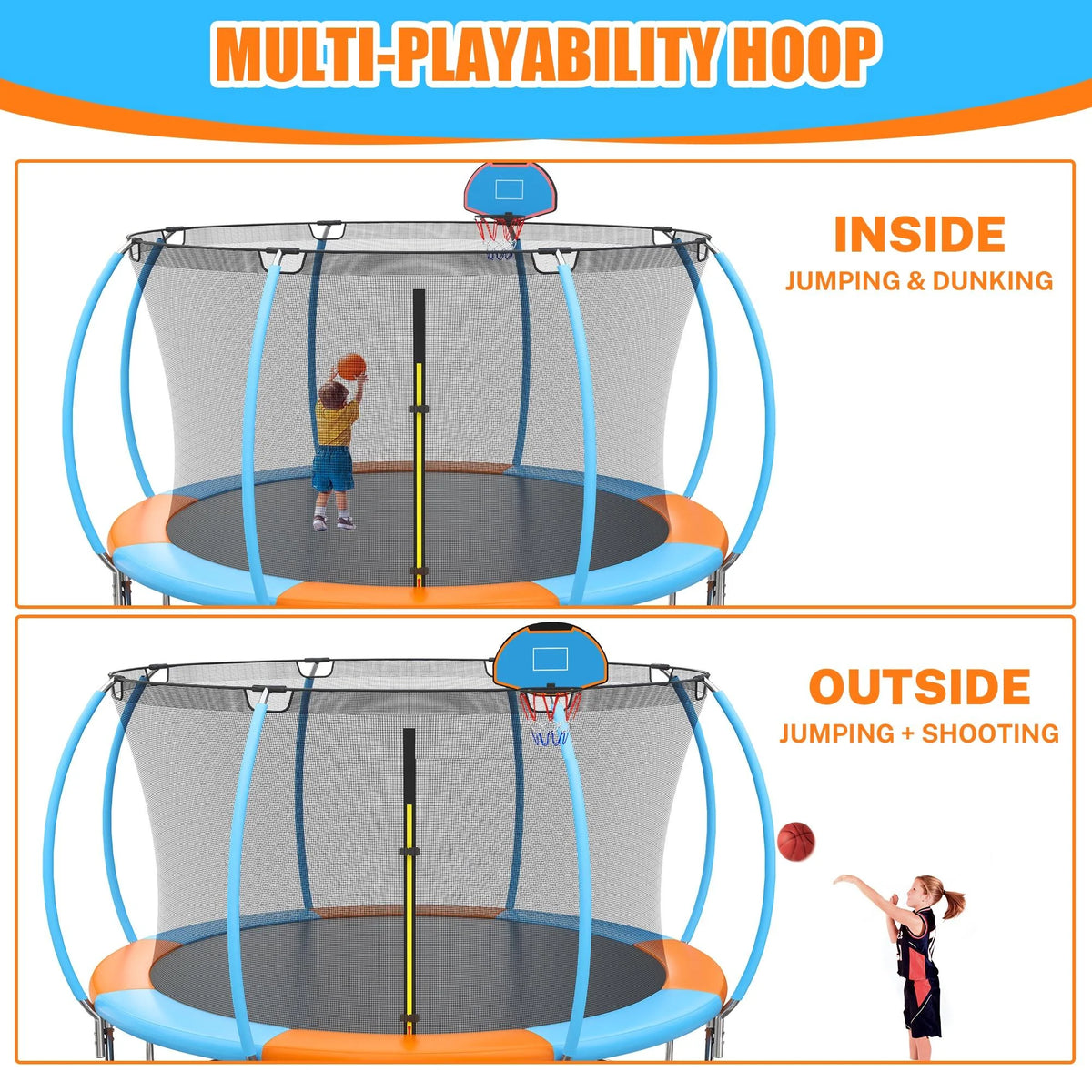 Trampoline Outdoor, 14FT Kids Trampoline with Enclosure Net and Ladder, Upgrade All-Weather Round Trampoline Curved Design with 5 Heavy-Duty Steel Legs