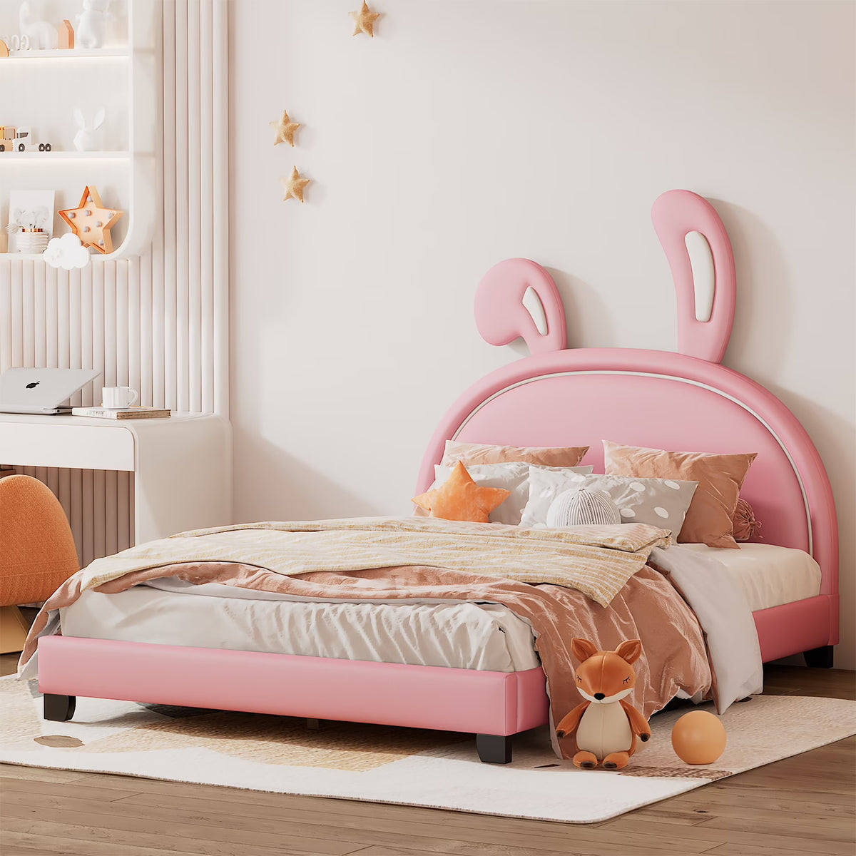 Euroco Upholstered Full Size Platform Bed, PU Cartoon Bunny Bed for Kids, Gray