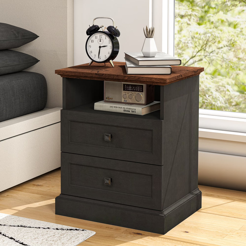 FIAKOA Night Stand Set of 2 with Charging Station, Bedside Table with 2 Drawers Storage and Open Shelf, White Farmhouse Nightstands  for Bedroom Office