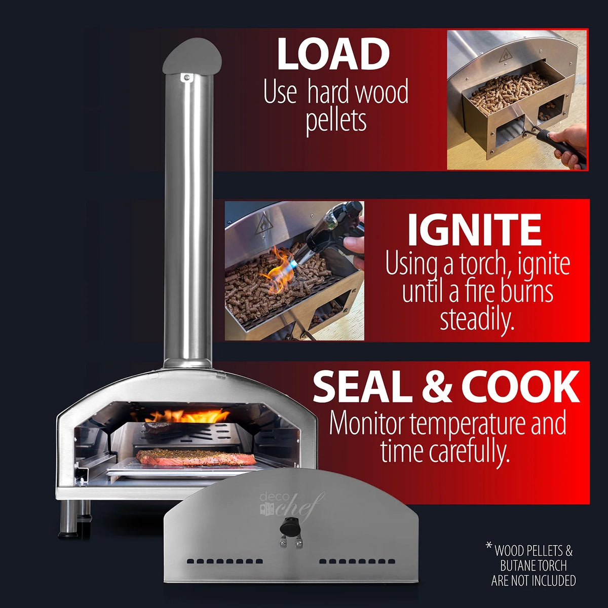 Deco Chef Outdoor Pizza Oven with 2-in-1 Pizza and Grill Oven Functionality, 13" Pizza Stone, Portable 3-Layer Stainless Steel Construction, Pizza Peel, Dough Scraper, Scoop, Slotted Grill (Black)