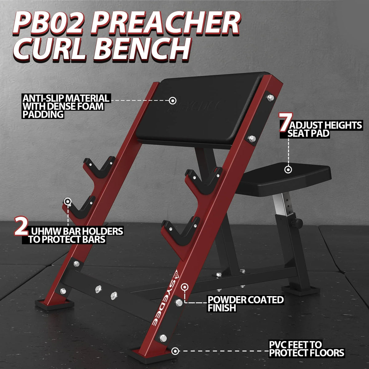syedee Preacher Curl Bench, Seated Arm Isolated Barbell Dumbbell Bicep Station, Bicep Curl Machine with 2 Bar Holders for Home Gym (Red)