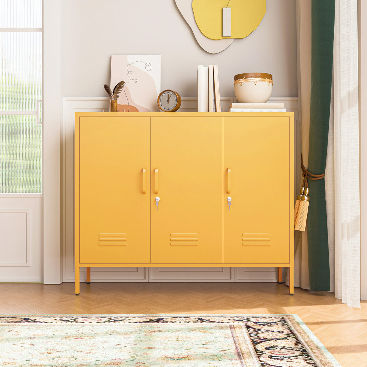 33 Inch Glass And Metal Storage Cabinet Adjustable Shelves 2 Door Lockable Lockers 3 Layer Multipurpose Lockers Laundry Room Or Utility Room Cabinet Home Purple Size 33"H X 29.5"W X 13.8"D