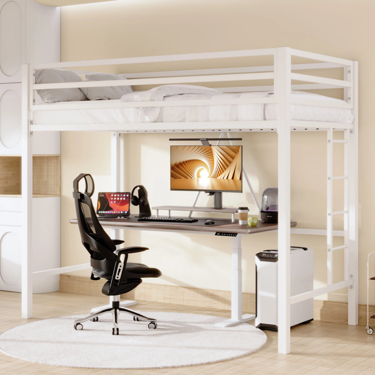 Sifurni Black Heavy Duty Twin Size Metal Loft Bed with Full-Length Guardrail & Removable Stairs