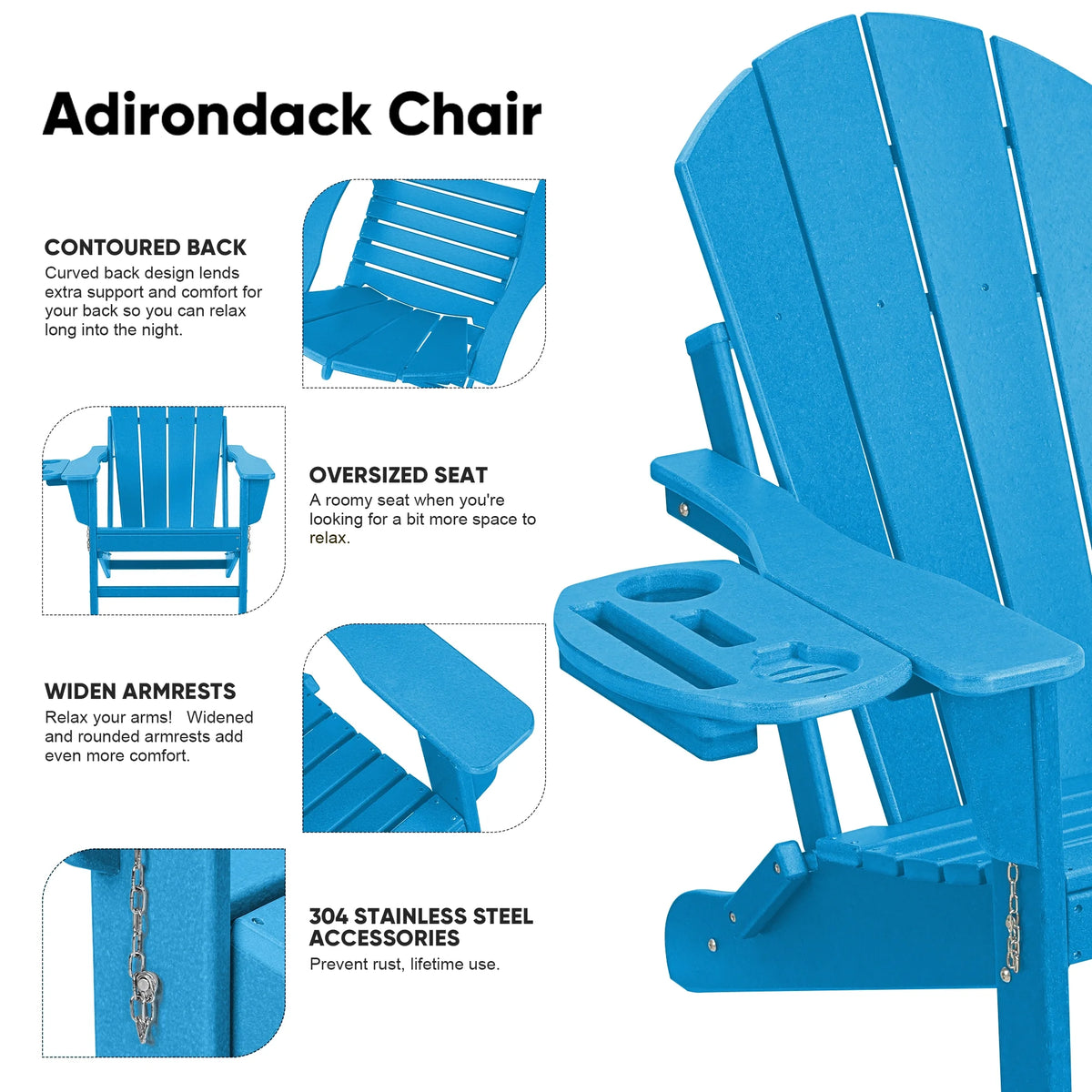 FOOWIN HDPE Plastic Adirondack Chairs Set of 4, Black