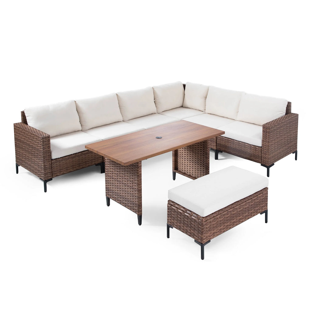 LAUSAINT HOME 8-Piece Patio Furniture Set, Outdoor Wicker Conversation Set with Adjustable Backrest & Storage Ottoman, Beige Cushions
