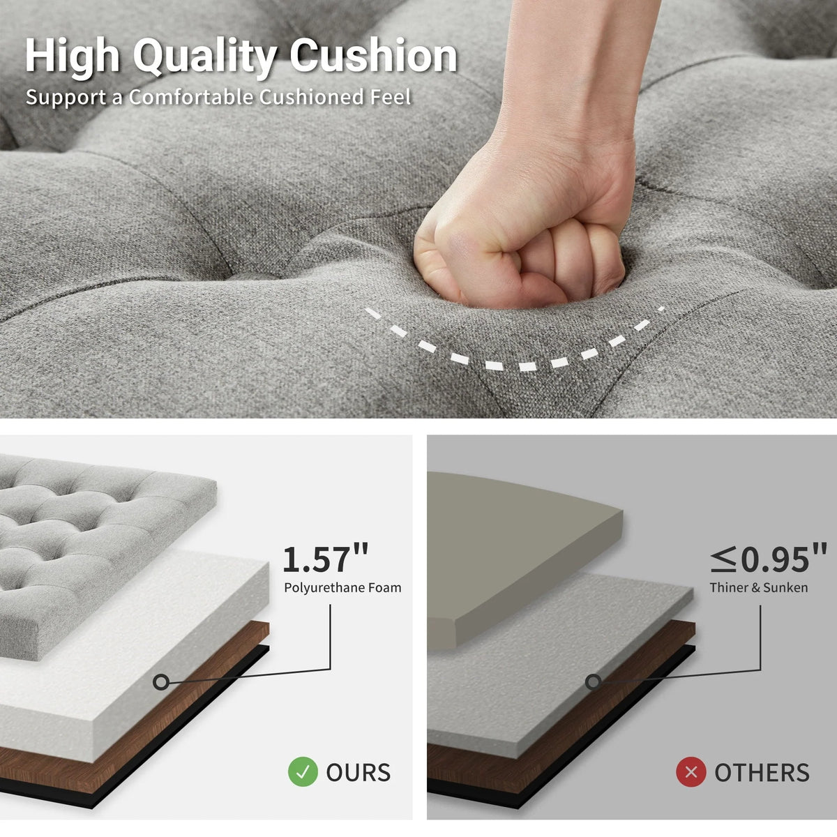 Gericco Large Square Storage Ottoman Bench, Tufted Upholstered Coffee Table Ottoman with Storage, Oversized Storage Ottomans (Gray)