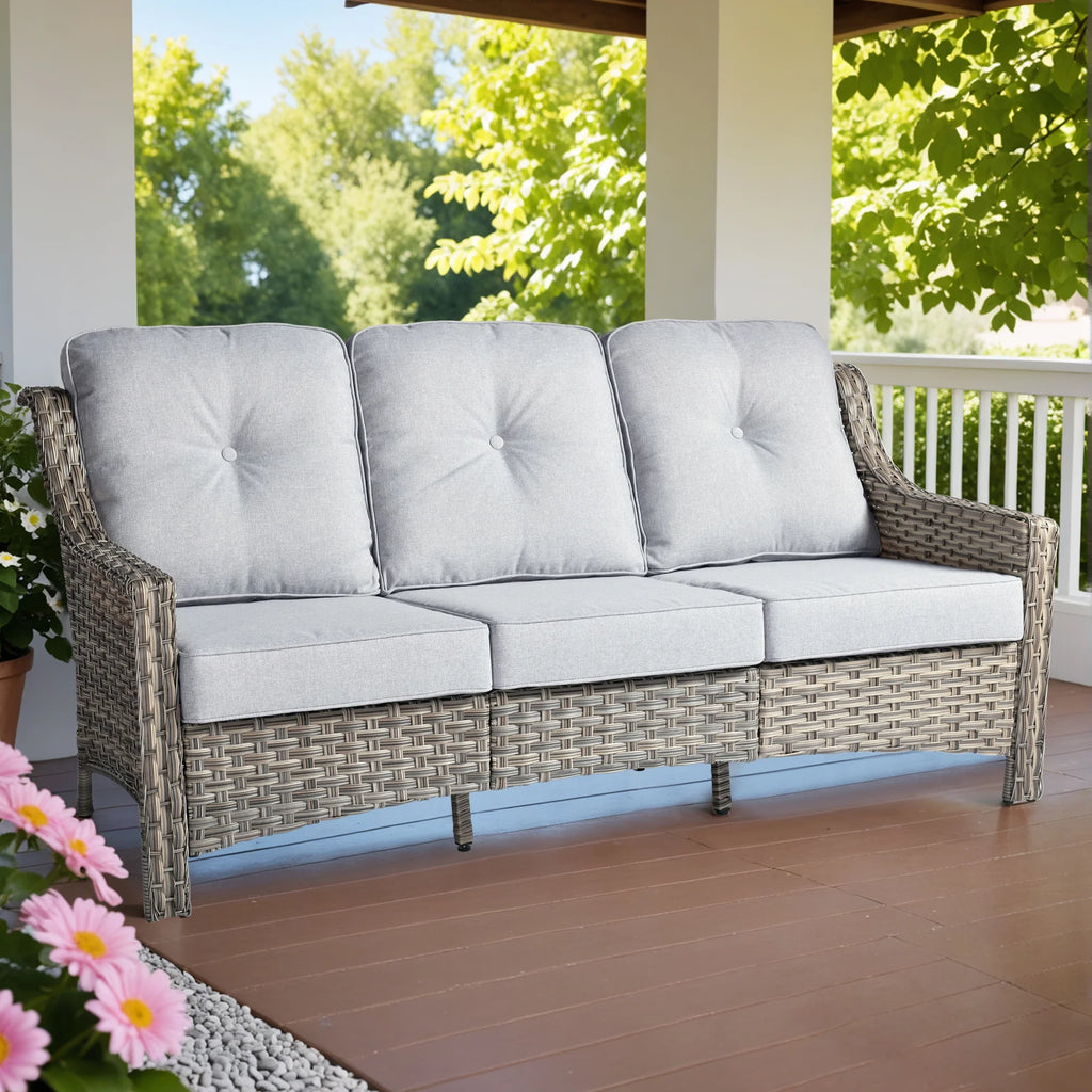 Ovios Outdoor Patio Sofa 3-Seater with Cushions All-Weather Wicker Rattan Couch for Garden, Porch, or Backyard