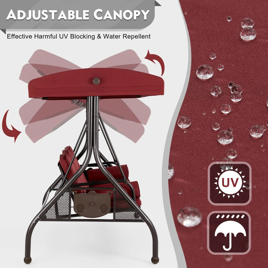 Homrest 3 Seat Outdoor Porch Swing with Adjustable Canopy, Cushions, and Cup Holder - Wine Red