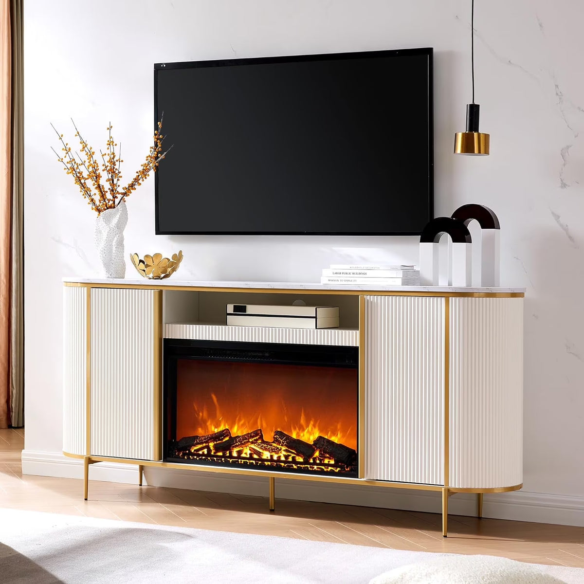 OKD Luxury Fireplace TV Stand for TVs Up to 80 inches, 70" Modern Fluted Entertainment Center with Electric Fireplace, Media Console TV Stand for Living Room,Natural Oak
