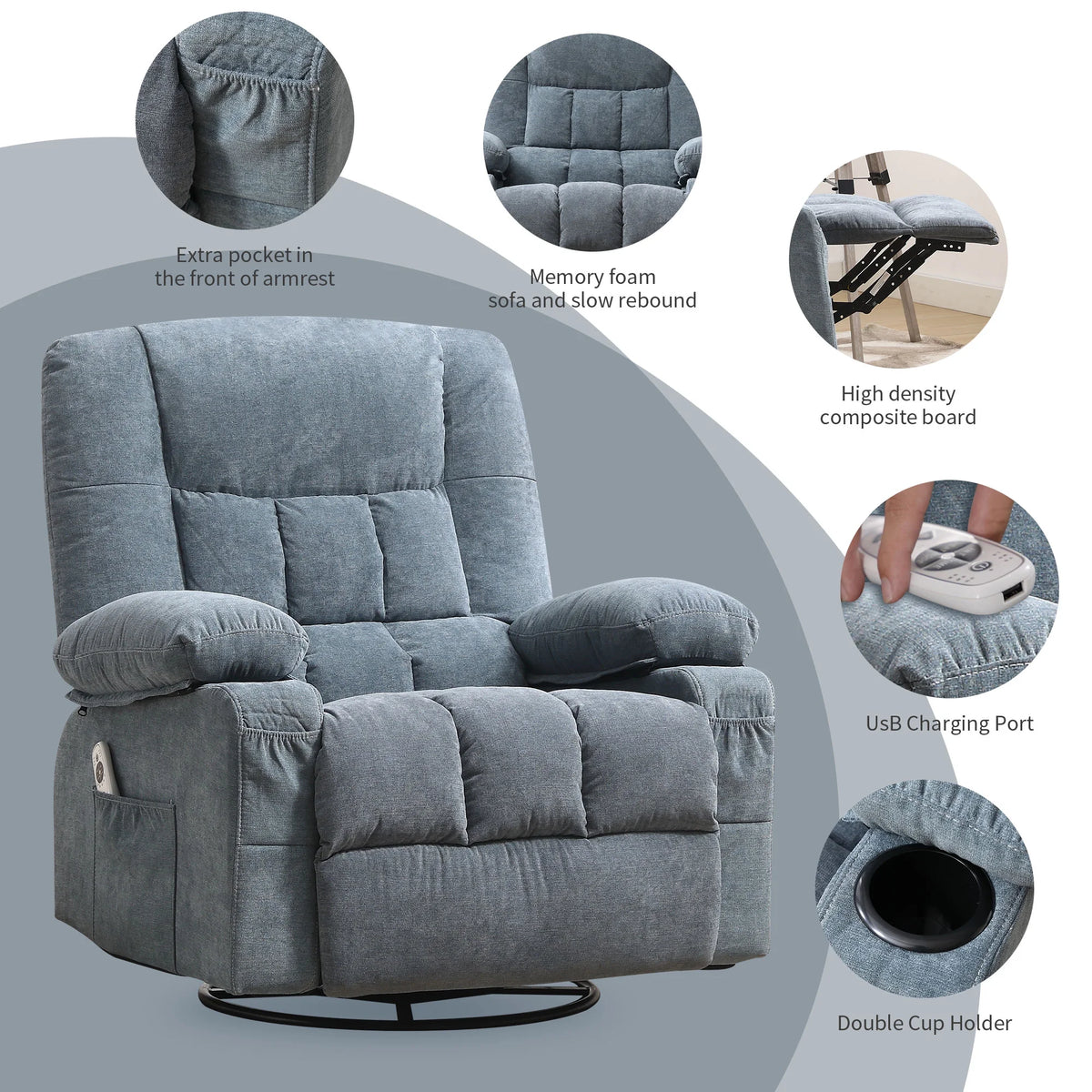 JONPONY Massage Swivel Rocker Recliner Chair with Vibration Massage and Heat Ergonomic Lounge Chair for Living Room with Rocking Function and Side Pocket, 2 Cup Holders, USB Charge Port,Grey