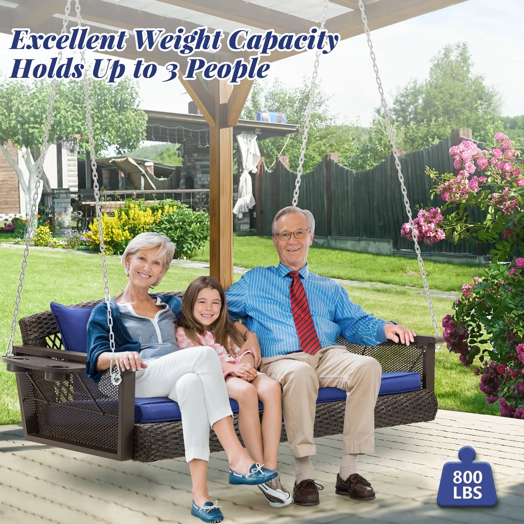 Homrest 3-Person Porch Swing 55in Wicker Hanging Swing Bench with Cushions and Cupholders for Deck, Garden and Backyard, Beige