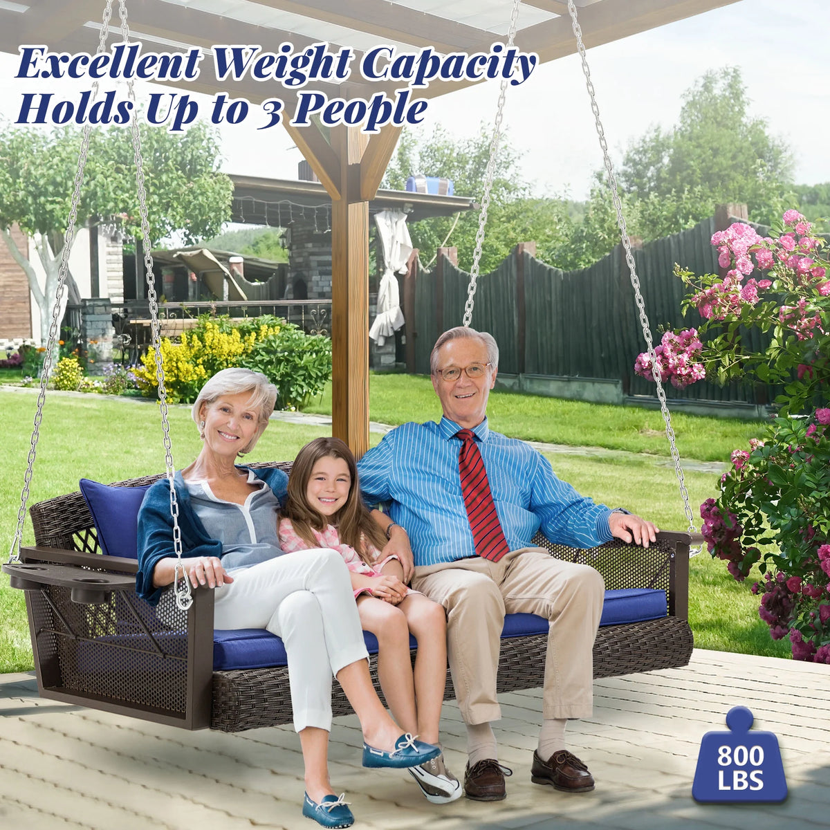 Homrest 3-Person Porch Swing 55in Wicker Hanging Swing Bench with Cushions and Cupholders for Deck, Garden and Backyard, Beige