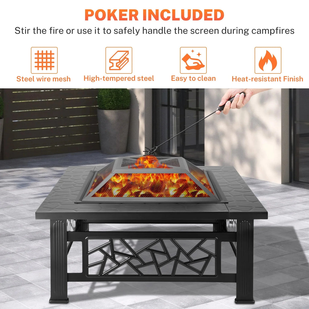 32" Fire Pits for Outside, SYNGAR Wood Burning Bonfire Fire Pit Table with Mesh Lid, Grate, BBQ Grill and Poker, Outdoor Metal Square Fire Pit for BBQ, Camping, Picnics, Backyard