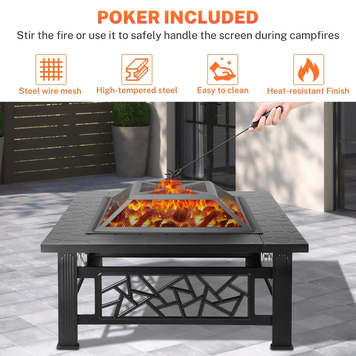 32" Fire Pits for Outside, SYNGAR Wood Burning Bonfire Fire Pit Table with Mesh Lid, Grate, BBQ Grill and Poker, Outdoor Metal Square Fire Pit for BBQ, Camping, Picnics, Backyard