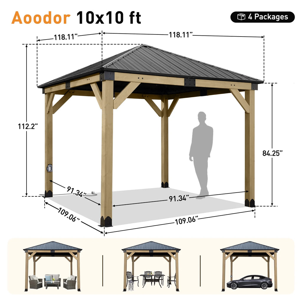Aoodor 10 x 12 ft Wooden Frame Gazebo with 2-Tier Galvanized Metal Hardtop Roof, Outdoor Patio Gazebo with Charging Socket for Patio, Backyard, Deck, and Lawn