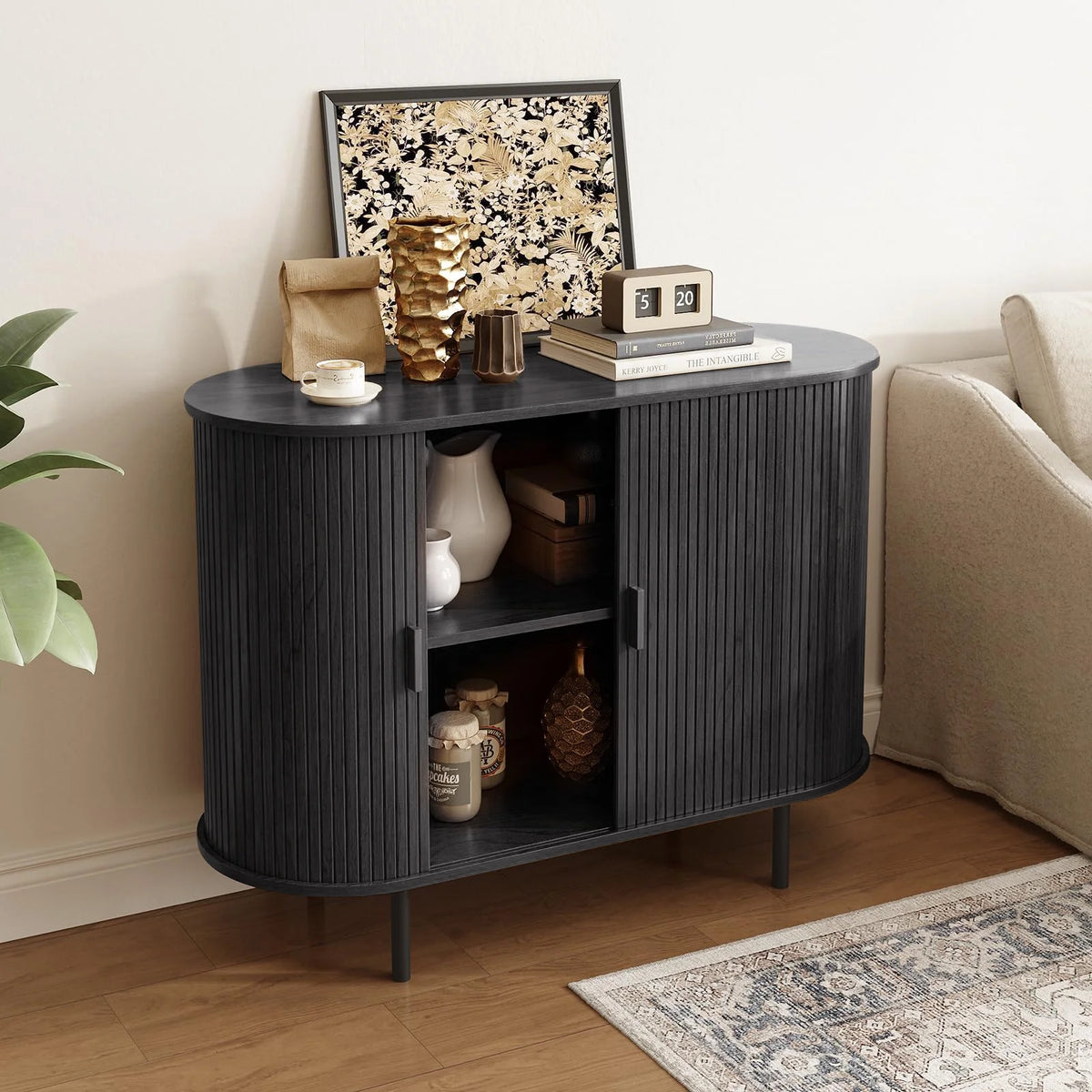 MARNUR Sideboard Buffet Cabinet 40" Storage Cabinet with 2 Sliding Tambour Doors, Adjustable Shelves for Kitchen, Living Room, Hallway, Entryway