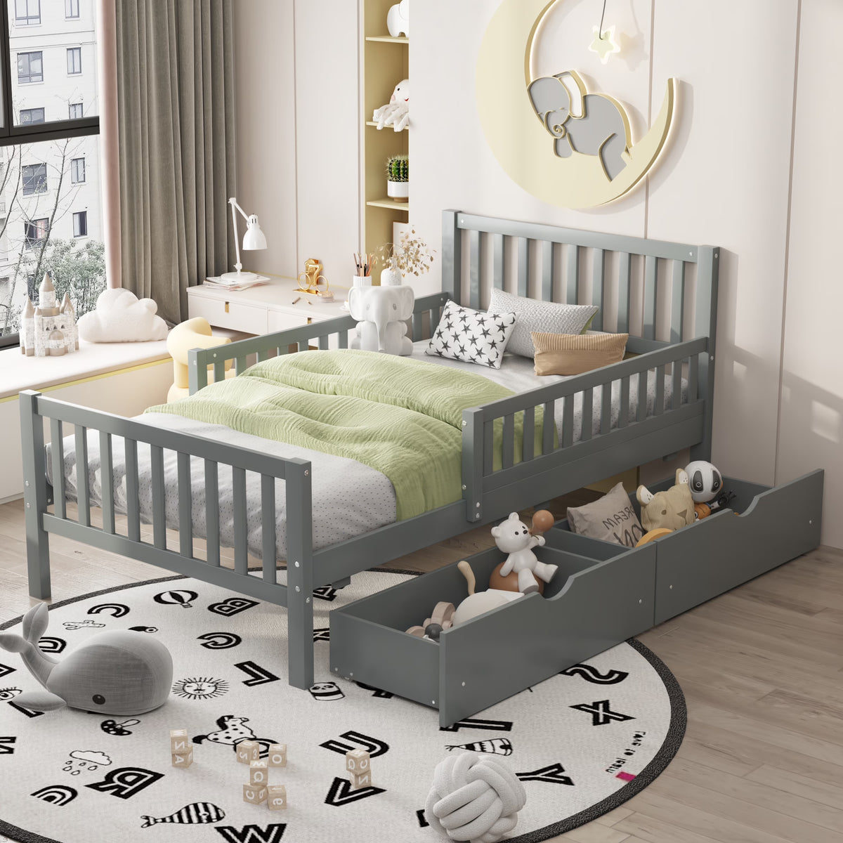 Bellemave Twin Bed with Storage Drawers and Fence Rails, Wood Platform Beds Frame with Headboard, Twin Size Storage Bed for Kids Boys Girls Teens White)
