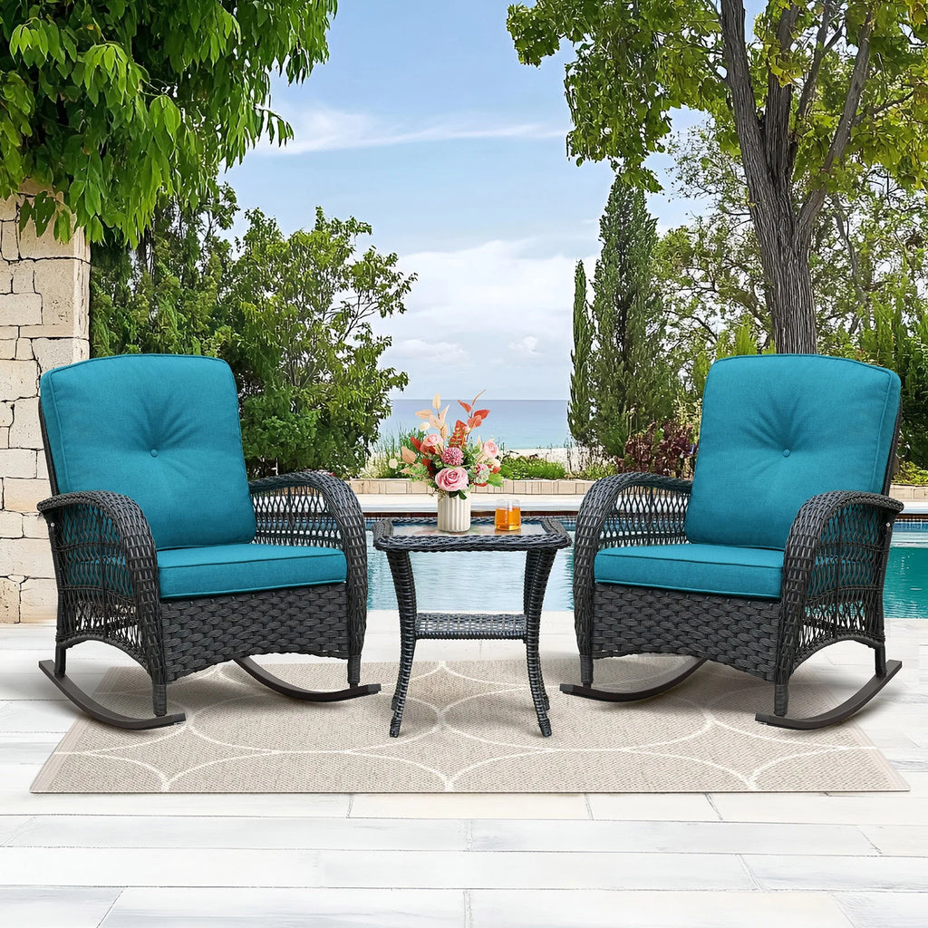 JP Outdoor 3Pcs Outdoor Wicker Rocking Porch Chairs with Coffee Table,Kahki