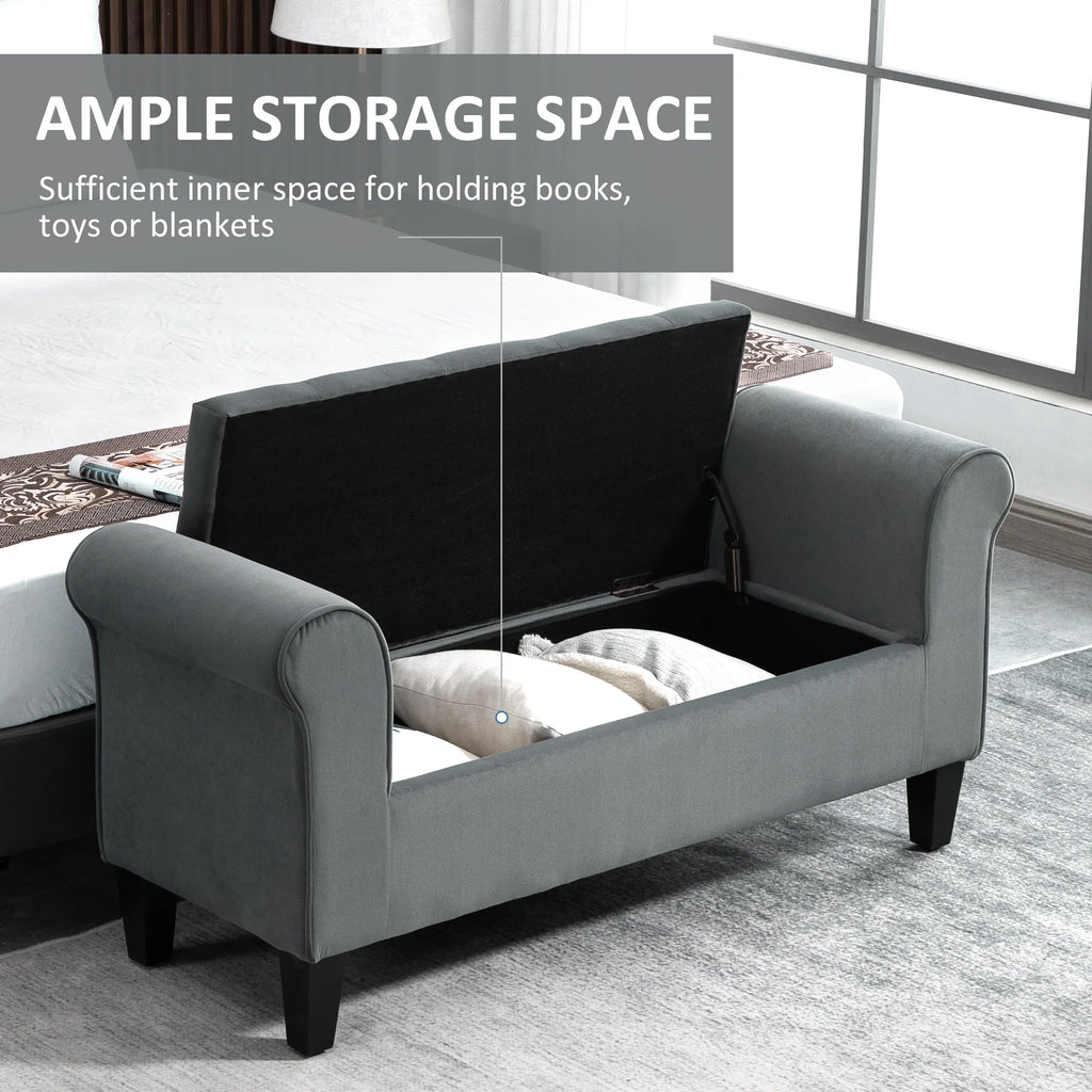 HOMCOM Button-Tufted Storage Ottoman Bench, Upholstered Bench with Rolled Armrests for Living Room or Hallway, Blue