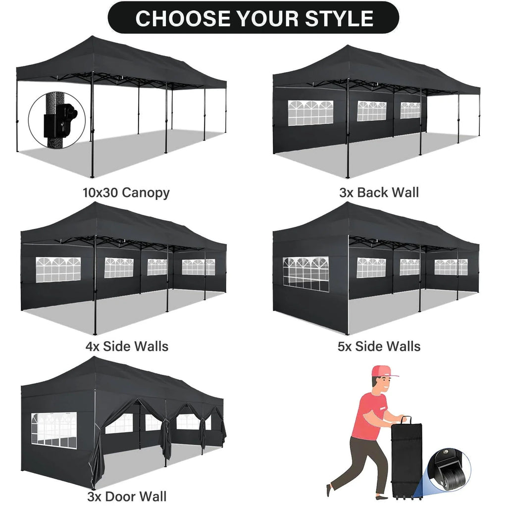 COBIZI 10'x30' Heavy Duty Pop Up Canopy Tent Outdoor Shelter Instant Commercial Tent with 8 Removable Sidewalls, 3 heigh Adjustable Gazebo with Wheeled Bag, Black