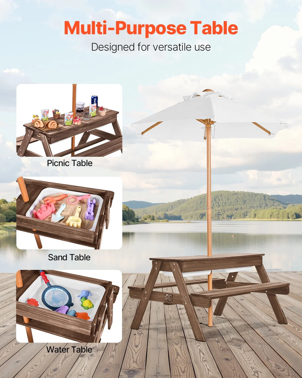 VEVOR Kids Picnic Table with Umbrella, 3-in-1 Sand & Water Table, Outdoor Wooden Table and Bench Set with 2 Trays, 4-People Patio Dining Furniture for Garden, Backyard and Porch (Walnut)