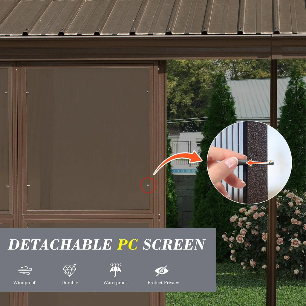 Domi Outdoor Living 10' x 12' Hardtop Lean-to Gazebo, Wall-Mounted with Galvanized Steel Roof Wall Pergola with Aluminum Frame, Curtains and Netting, for Patio, Deck, Garden, Backyard