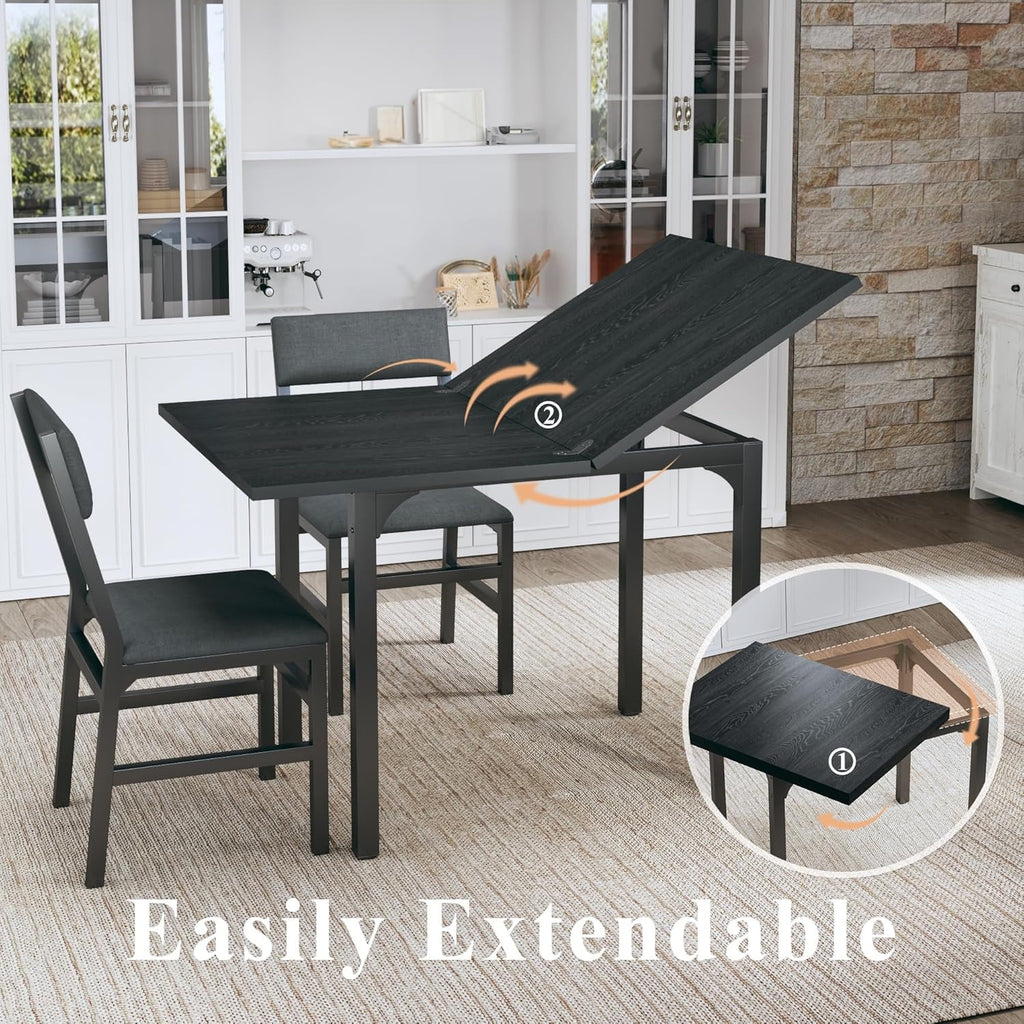 Fairy Dining Table Set for 4, Extendable Kitchen Table Cushion Chairs Set of 4, Rectangle Dining Table with Metal Frame & MDF Board, Folding for Small Apartment Saving Space, Black