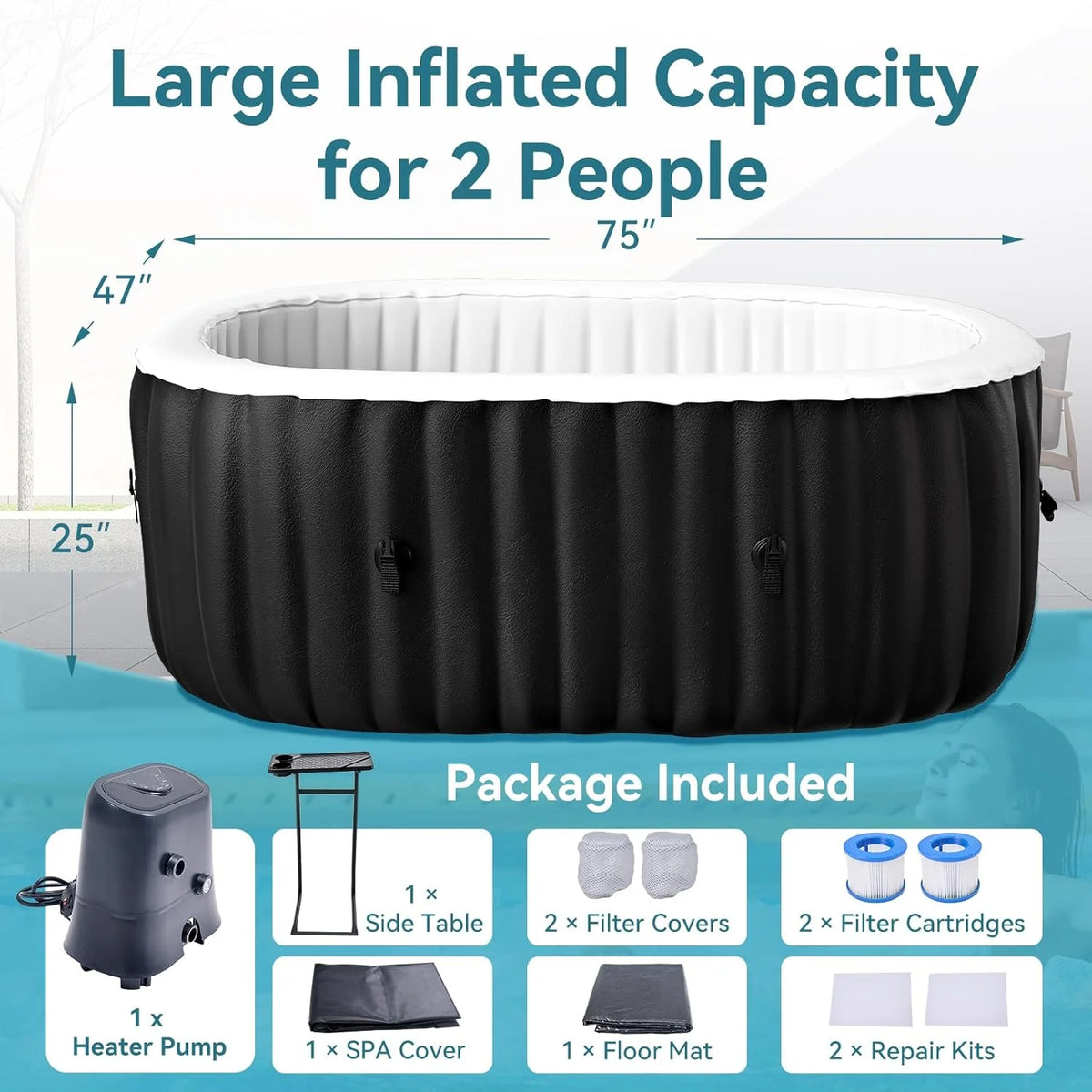4-6 Person Inflatable Hot Tub, Large Polygon Portable Blow up Hot Tub, Leak-Proof PVC Outdoor Spa with 130 Air Jets, Insulated Cover and Heater Pump, 77 X 77 X 25