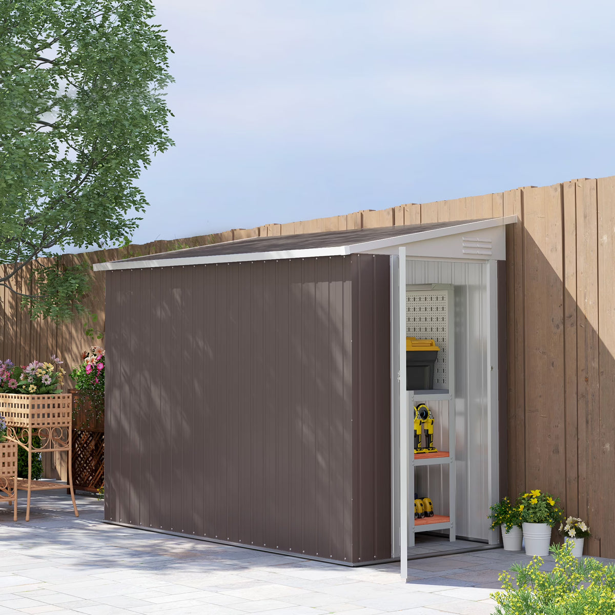 Outsunny 4' x 7.7' Steel Garden Storage Shed Lean to Shed Outdoor Metal Tool House with Lockable Door & Air Vents for Backyard Patio Lawn, Brown